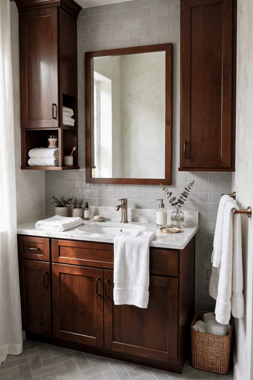 gray and white bathroom with cherry cabinets