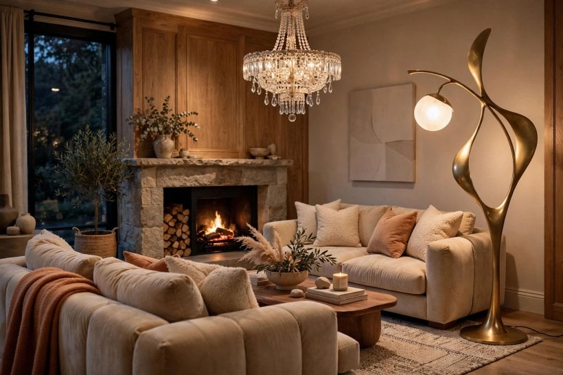 circa lighting: warm metallic wall sconce beside a mirror