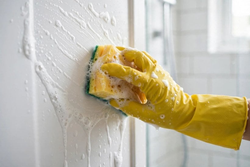 how to clean plastic shower surround: soft cloths, a gentle cleaner and a squeegee laid out ready