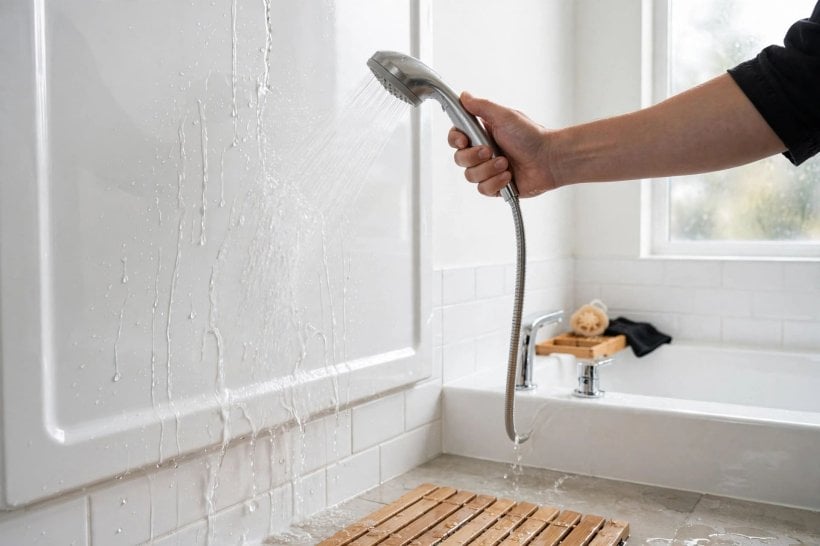 how to clean plastic shower surround: treating white mineral marks around the base of the panels