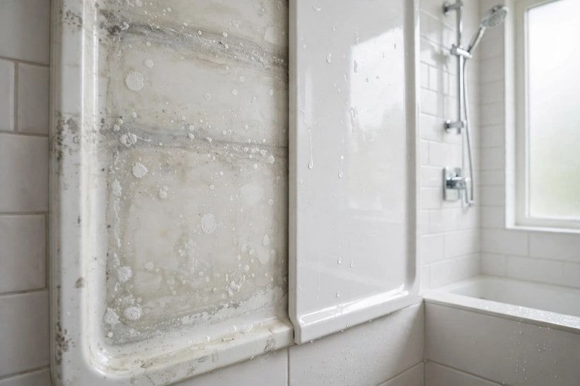 how to clean plastic shower surround: brushing the corner joints and sealant lines gently
