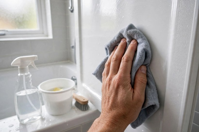 how to clean plastic shower surround: checking sealant lines and panel edges after cleaning