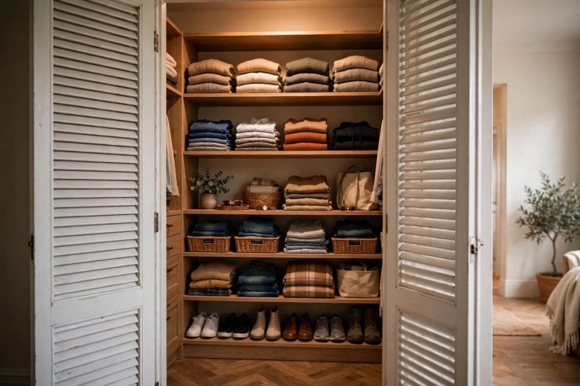closet door ideas: panelled and fluted door fronts adding texture