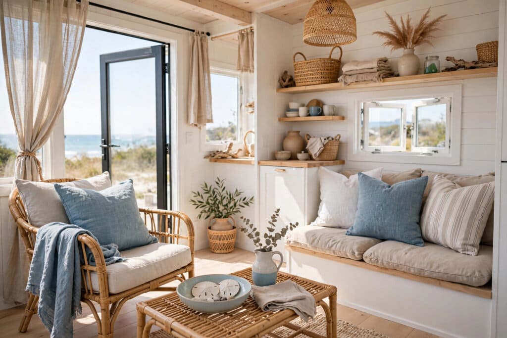 coastal tiny house decor in a bright small living space with white walls, sand tones and sea-blue accents