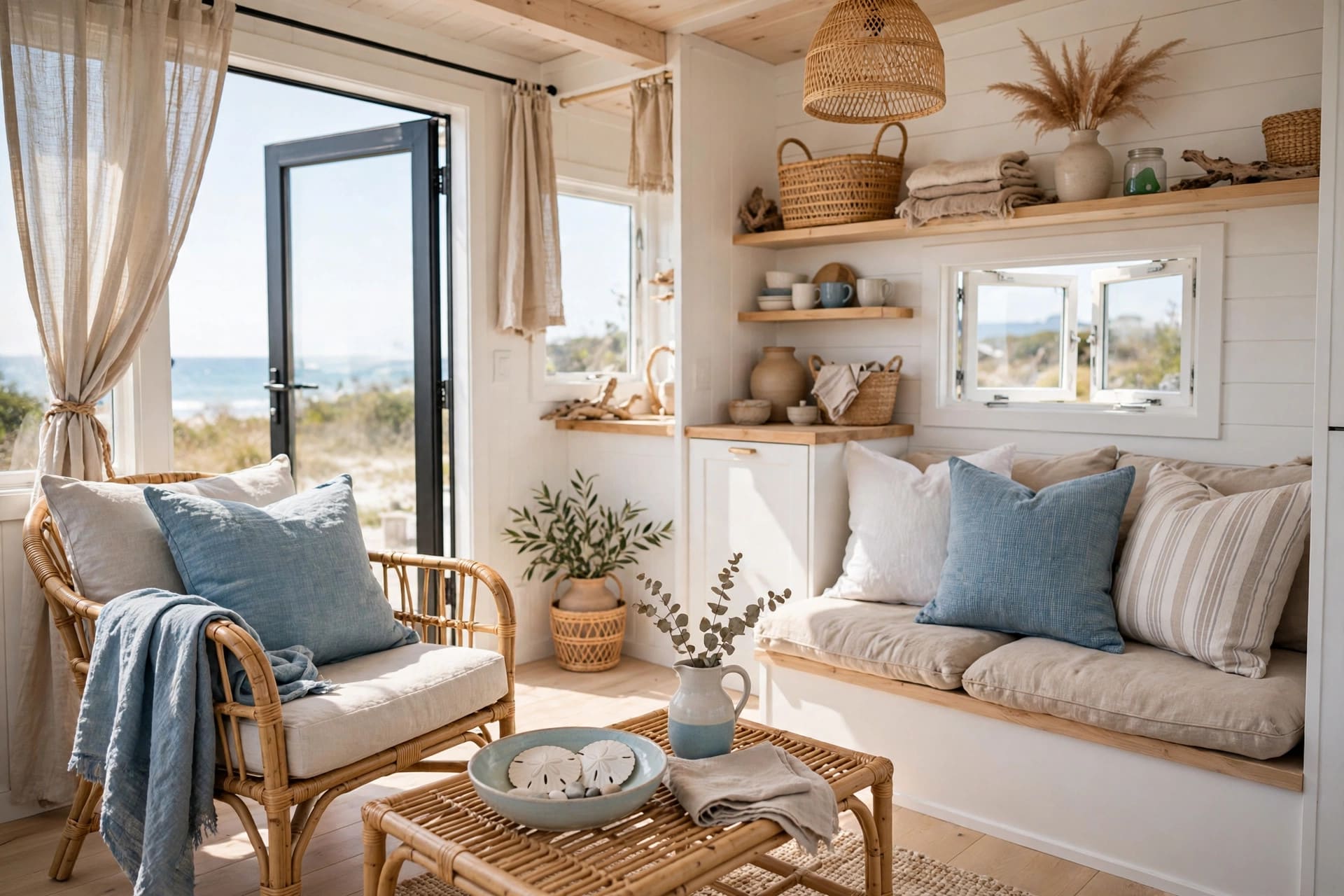 coastal tiny house decor in a bright small living space with white walls, sand tones and sea-blue accents