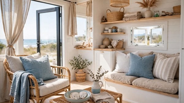 coastal tiny house decor in a bright small living space with white walls, sand tones and sea-blue accents