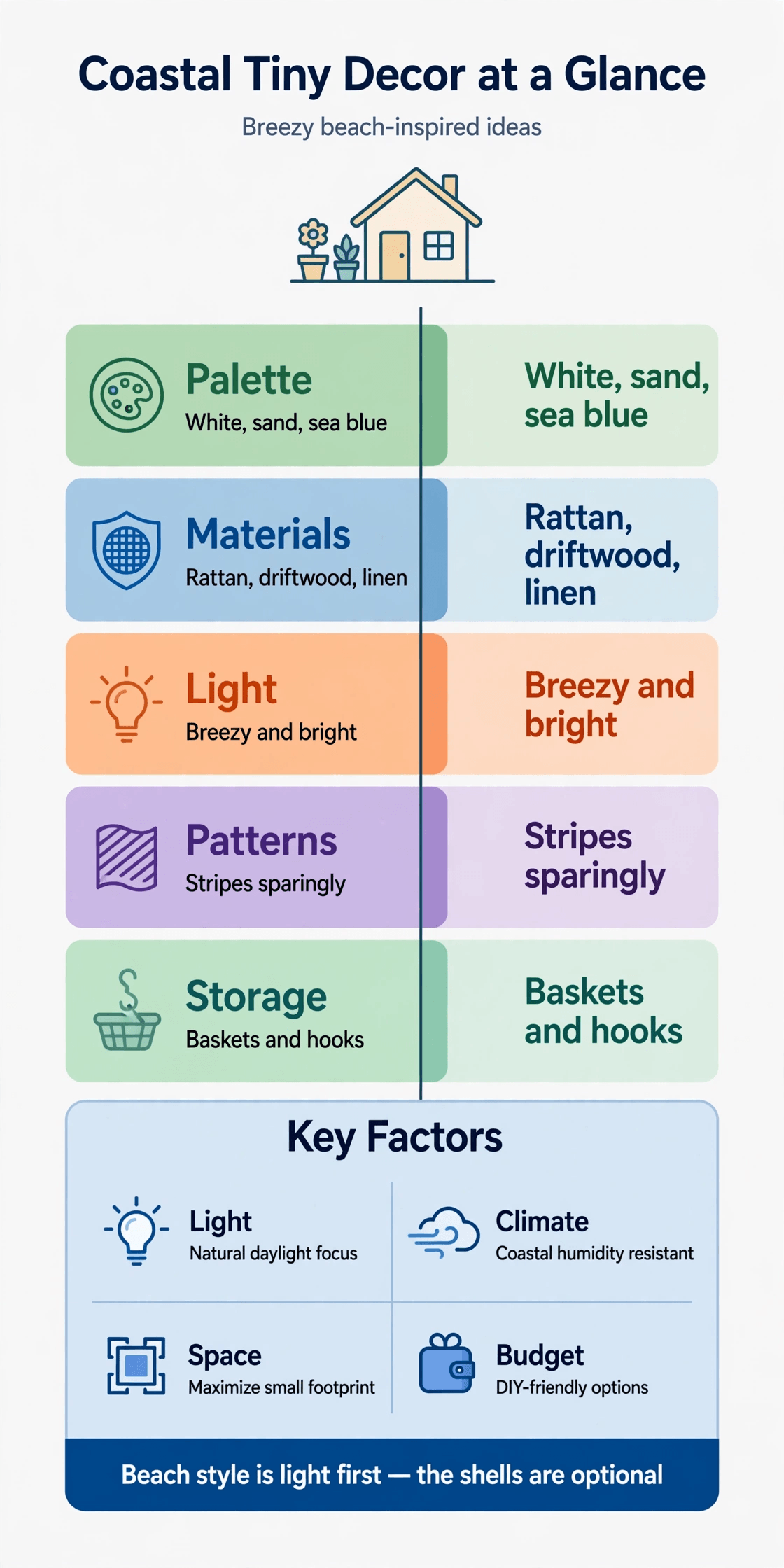 coastal tiny house decor infographic with palette, texture, light and storage ideas to copy