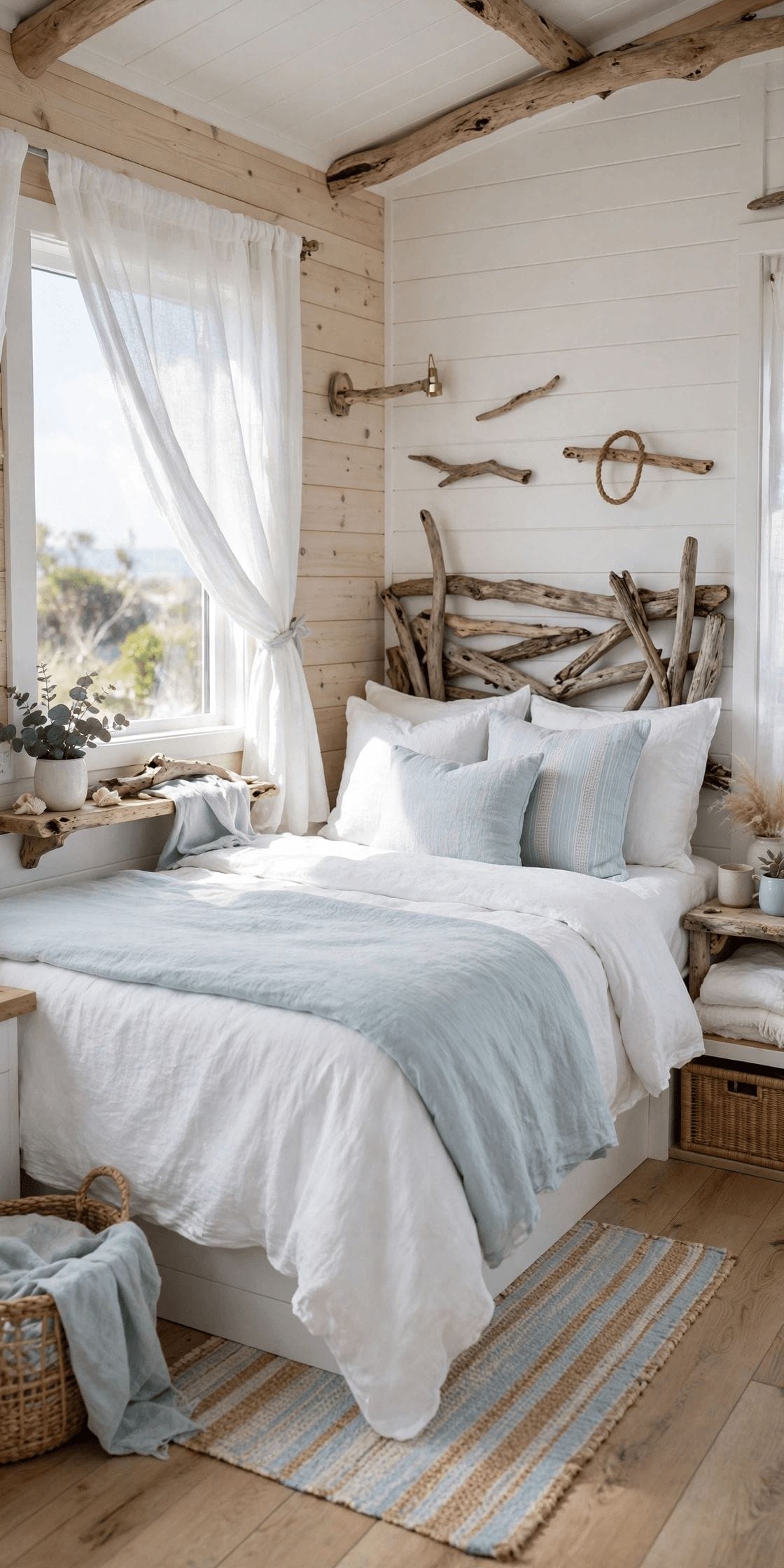 coastal tiny house decor using baskets and hooks for storage in a white and sea-blue small entry