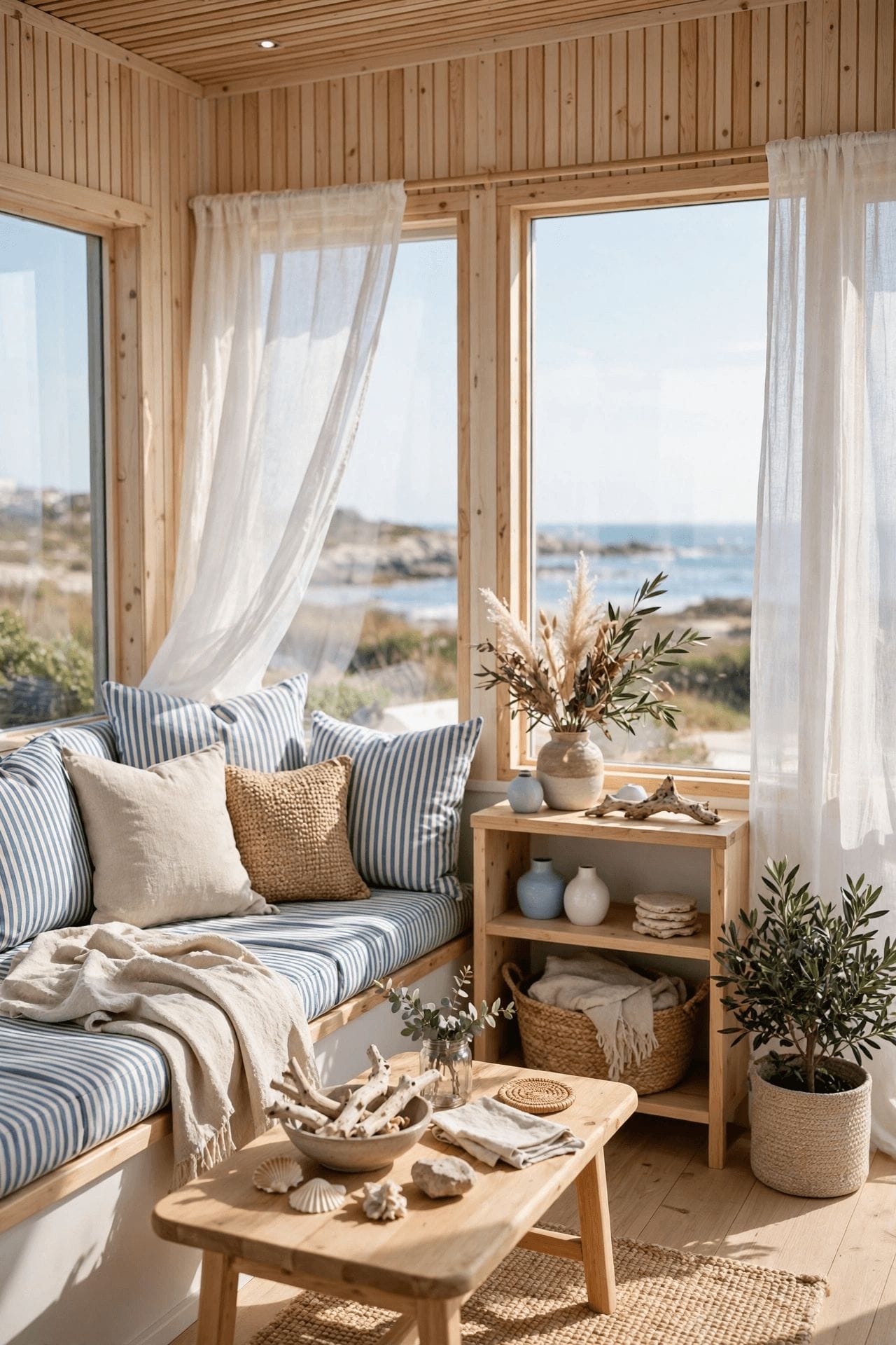 coastal tiny house decor with rattan, linen and driftwood tones brightening a small breezy living space