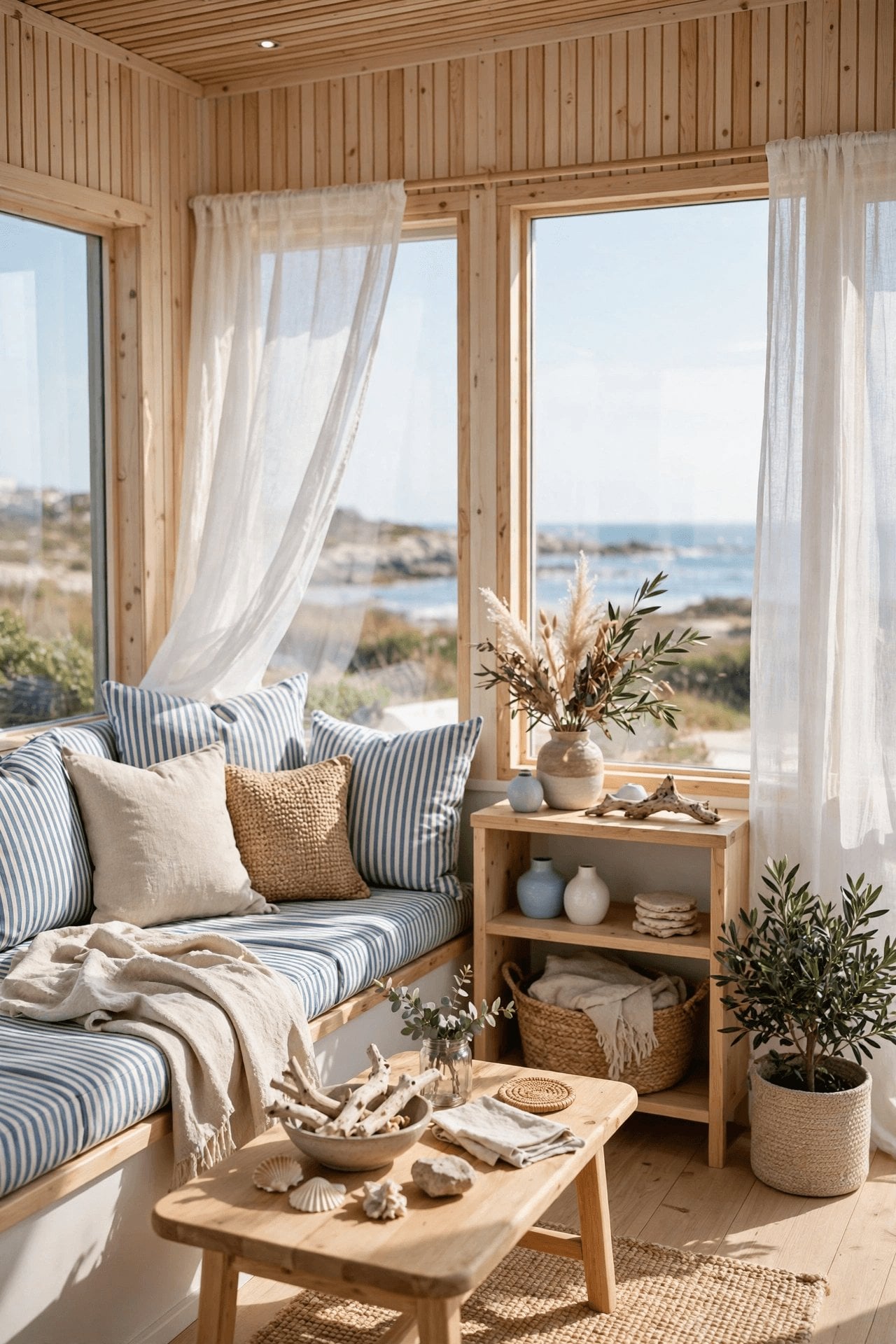 coastal tiny house decor with rattan, linen and driftwood tones brightening a small breezy living space