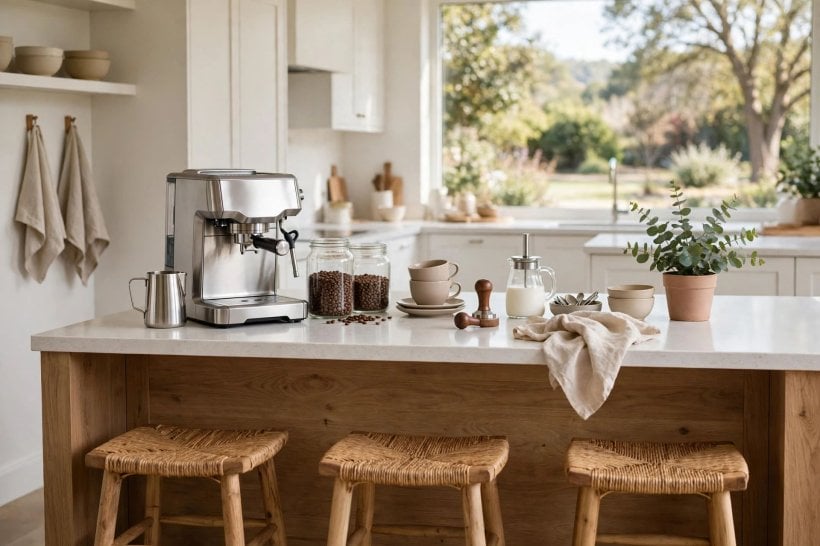 coffee station in kitchen: bright countertop corner with machine and cups