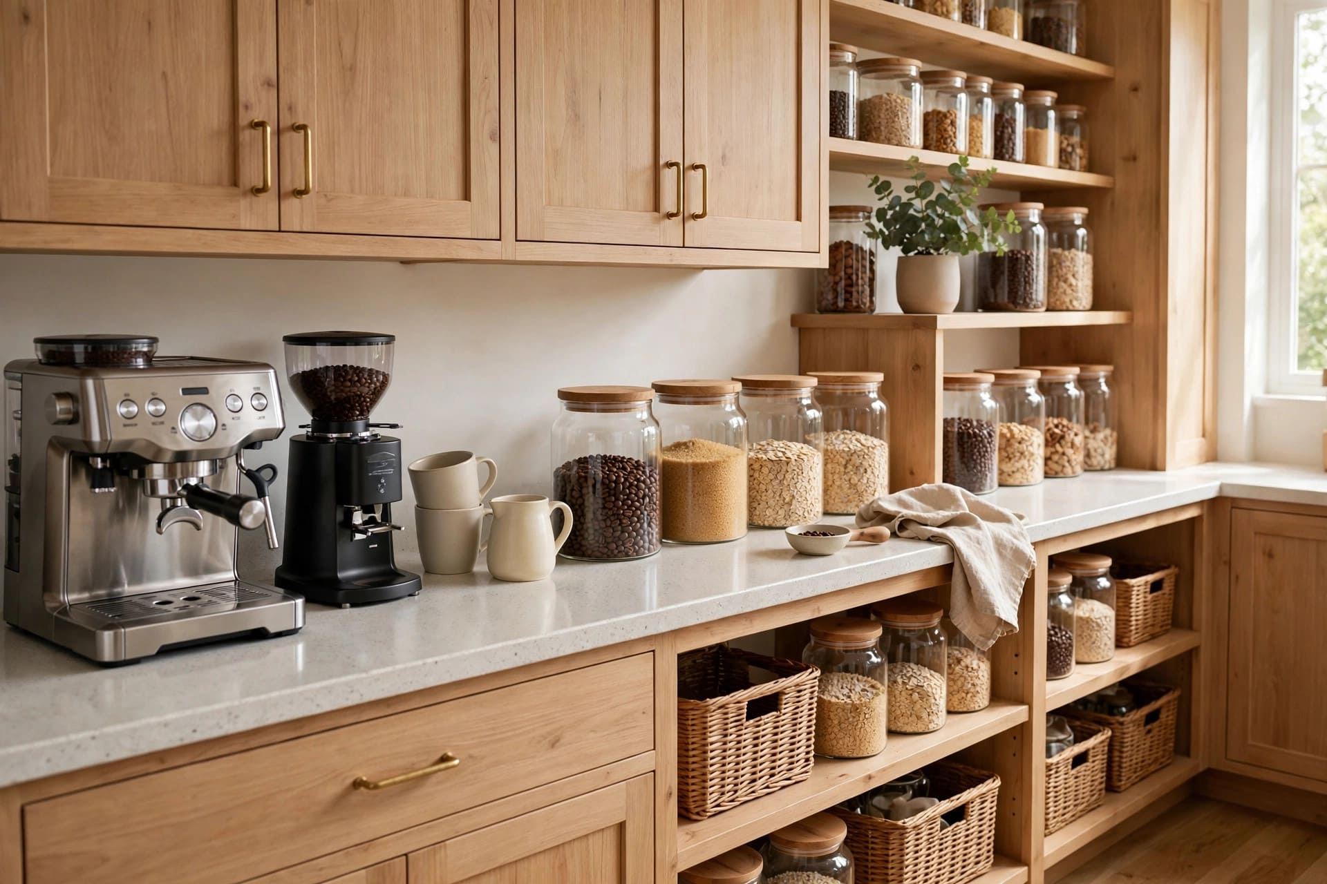 coffee station in kitchen: freestanding cart styled as a coffee bar