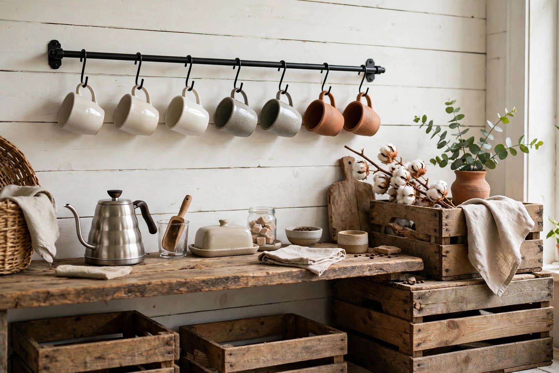 coffee station in kitchen: tidy station ready for cleaning and refilling