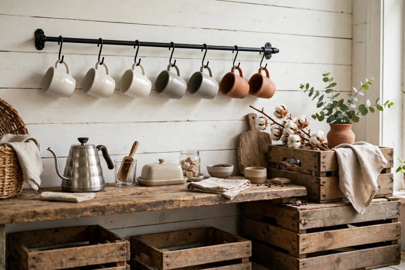 coffee station in kitchen: tidy station ready for cleaning and refilling
