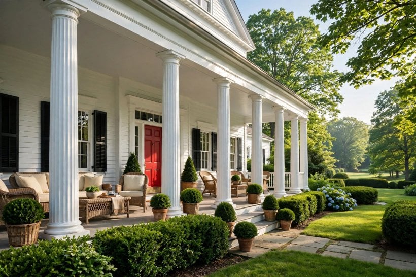 image of colonial home with front porch: symmetrical brick facade with a centred front door