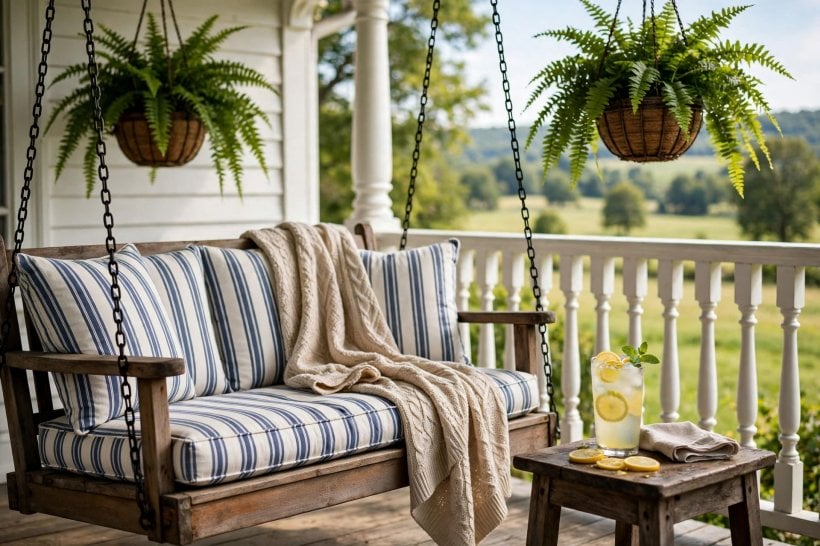image of colonial home with front porch: white round columns supporting a full-width porch roof
