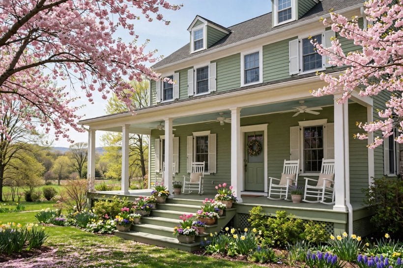 image of colonial home with front porch: shed roof porch with a pale painted beadboard ceiling
