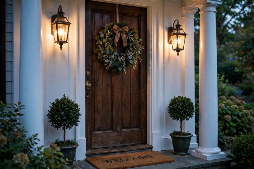 image of colonial home with front porch: wide front steps with simple railings and square balusters