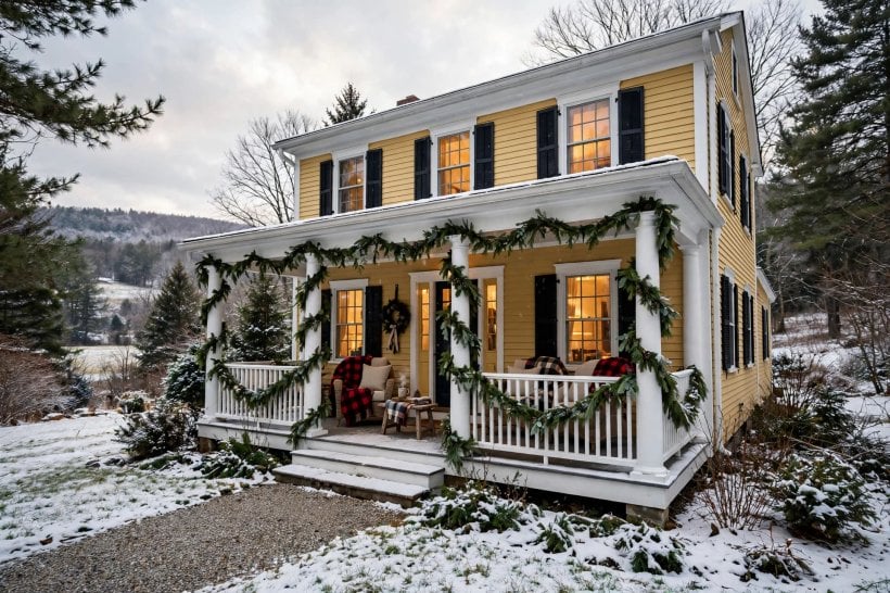 image of colonial home with front porch: panelled front door with sidelights, shutters and a porch lantern