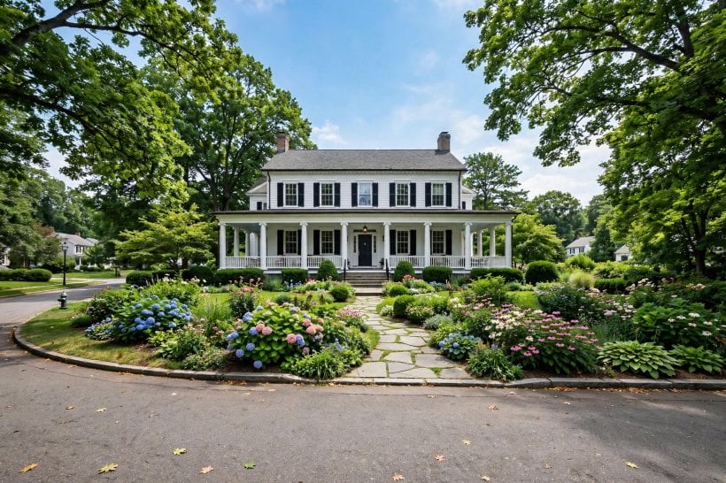 image of colonial home with front porch: porch seating with rocking chairs, planters and layered planting