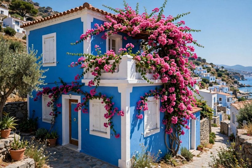 colorful house: welcoming porch with a painted ceiling and colourful chairs