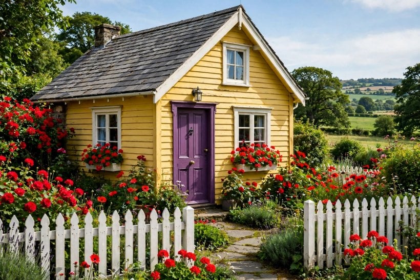 colorful house: small cottage facade in a brave, joyful shade