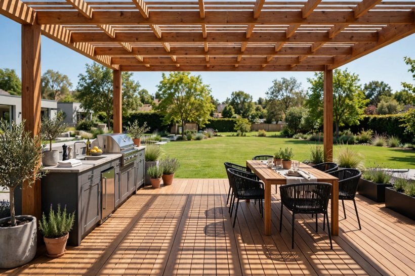 composite deck pictures: boards laid diagonally across a wide family deck