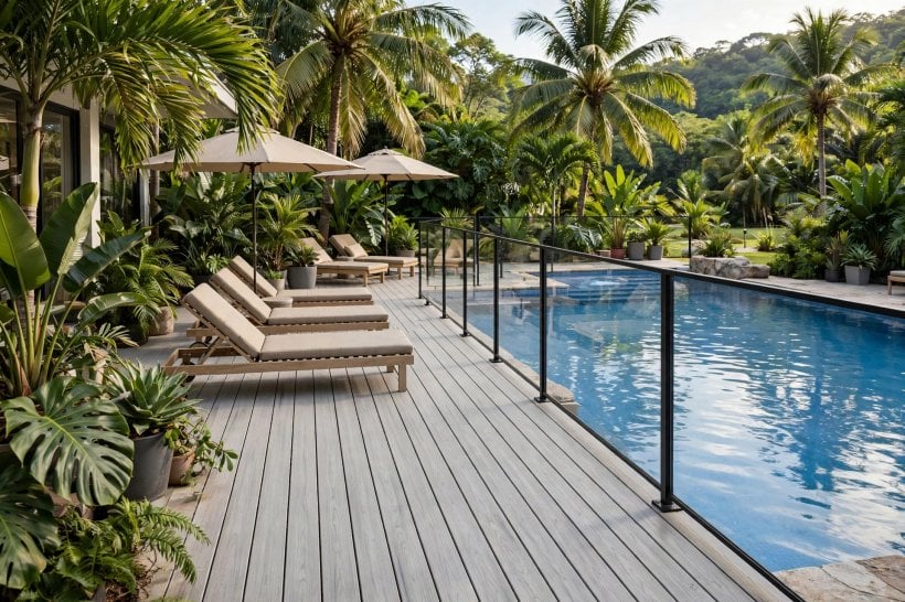 composite deck pictures: two-tone deck with a dark border framing pale centre boards