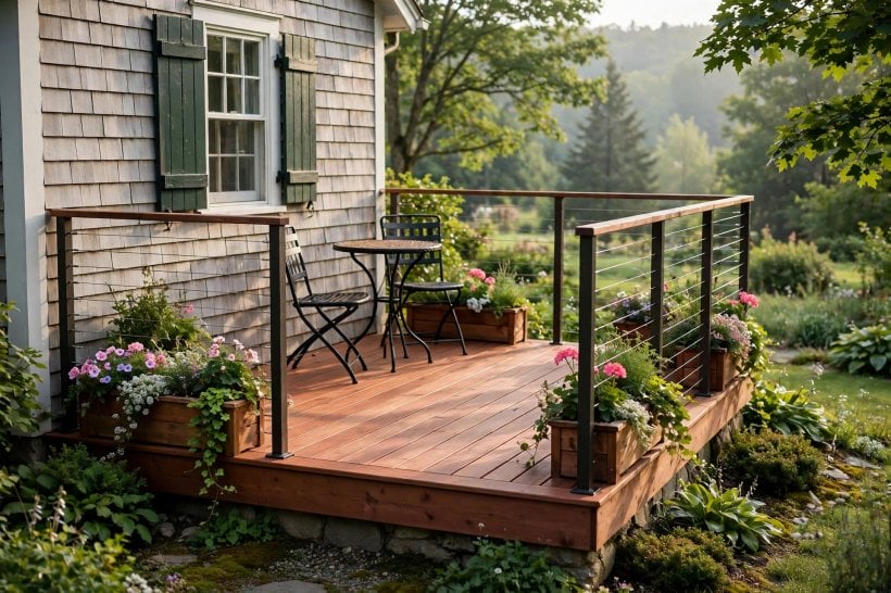 composite deck pictures: slim black metal railing along a raised composite deck