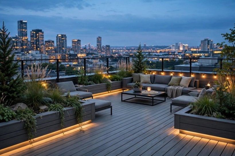 composite deck pictures: glass panel railing keeping the garden view open