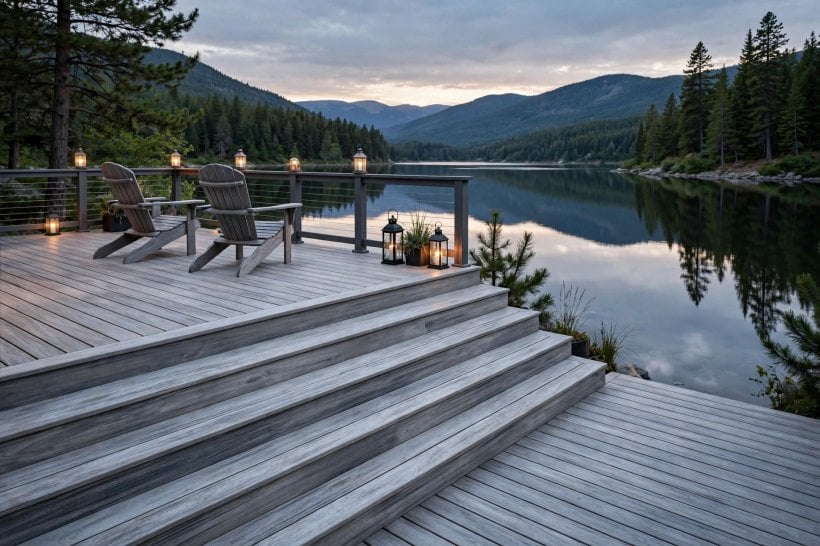 composite deck pictures: lounge chairs and planters arranged in a sunny deck corner
