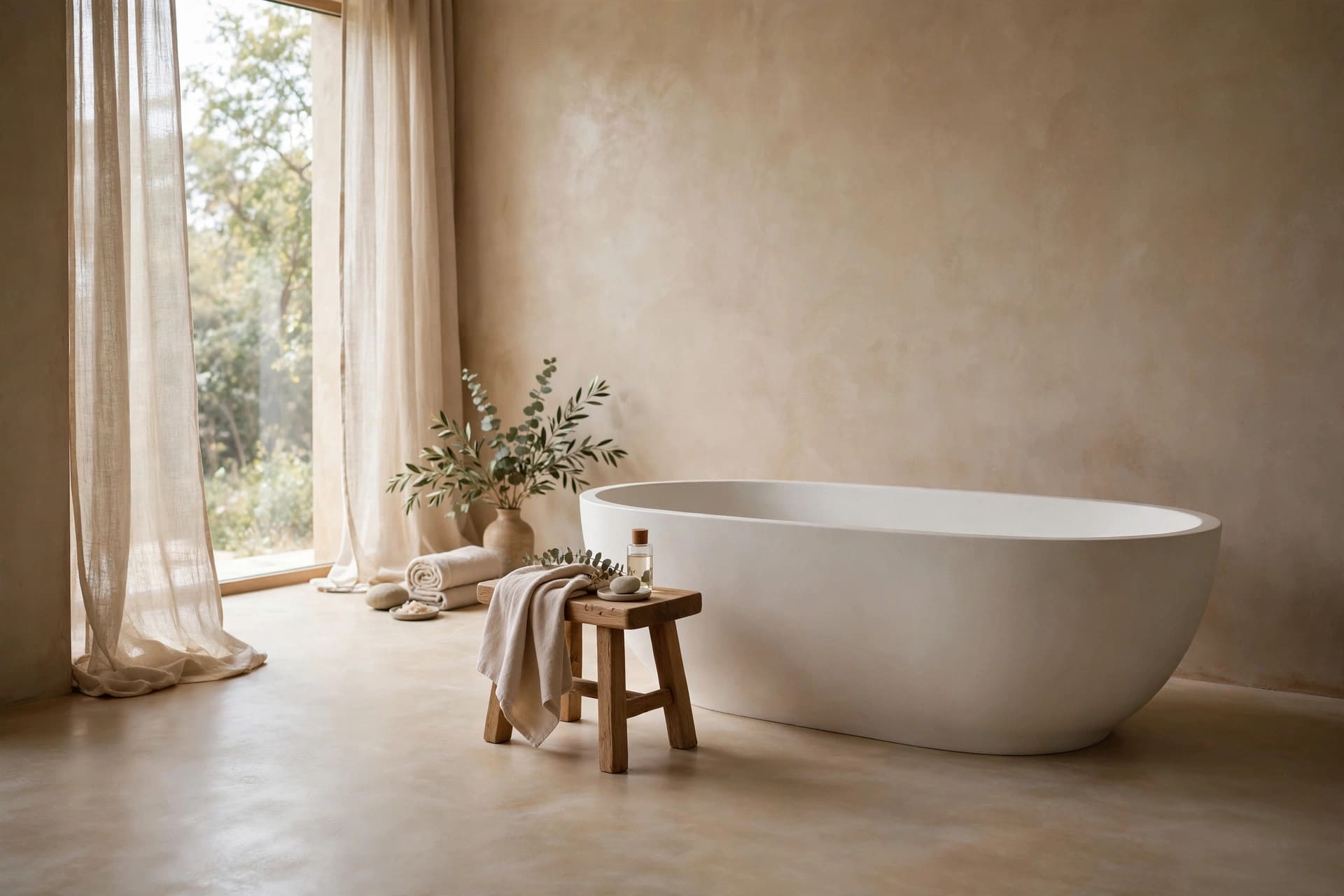 concrete floor: warm grey tone beside timber furniture
