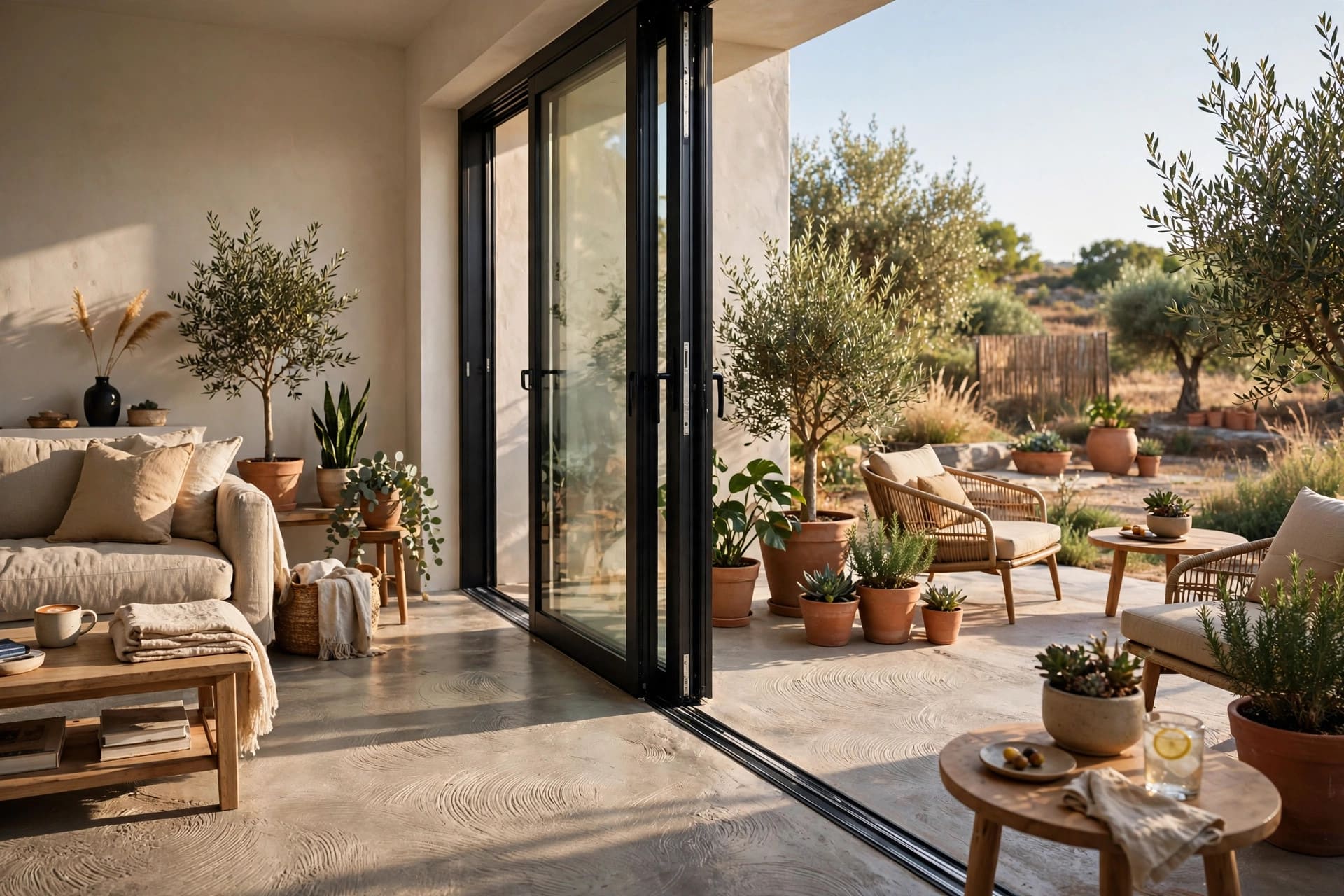 concrete floor: open-plan living area softened with a large rug