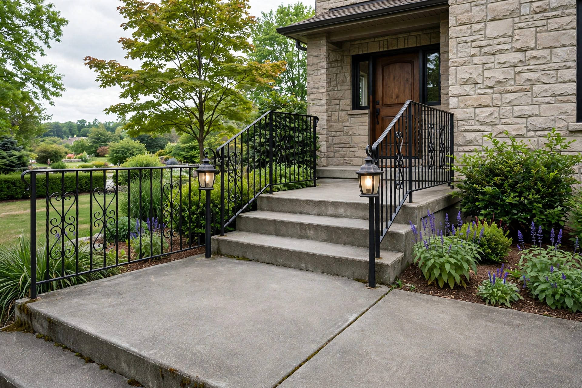 concrete front patio: rocking chairs and a swing on a wide front porch