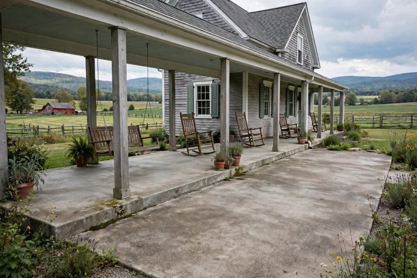concrete front patio: potted plants and a welcome mat by the front door