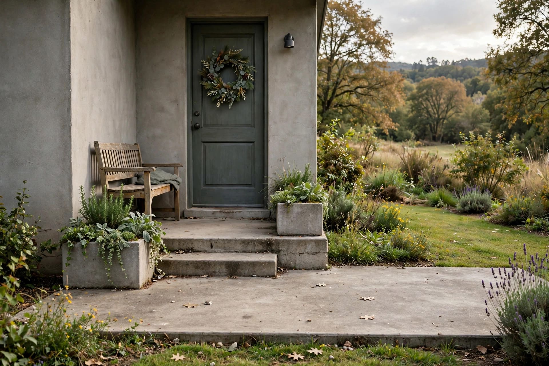 concrete front patio: string lights and lanterns along the porch edge