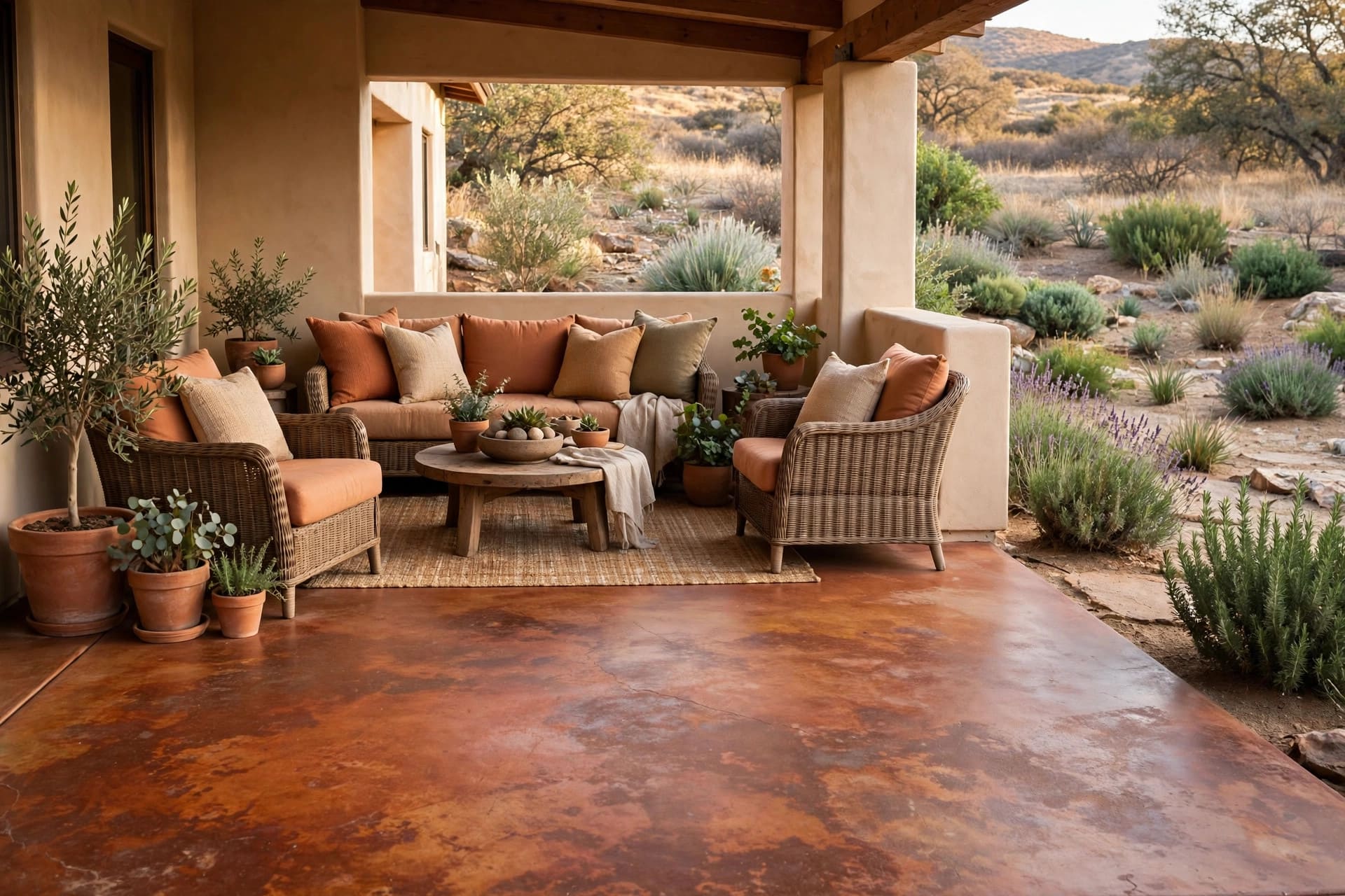 concrete front patio: painted concrete floor with a stencilled pattern