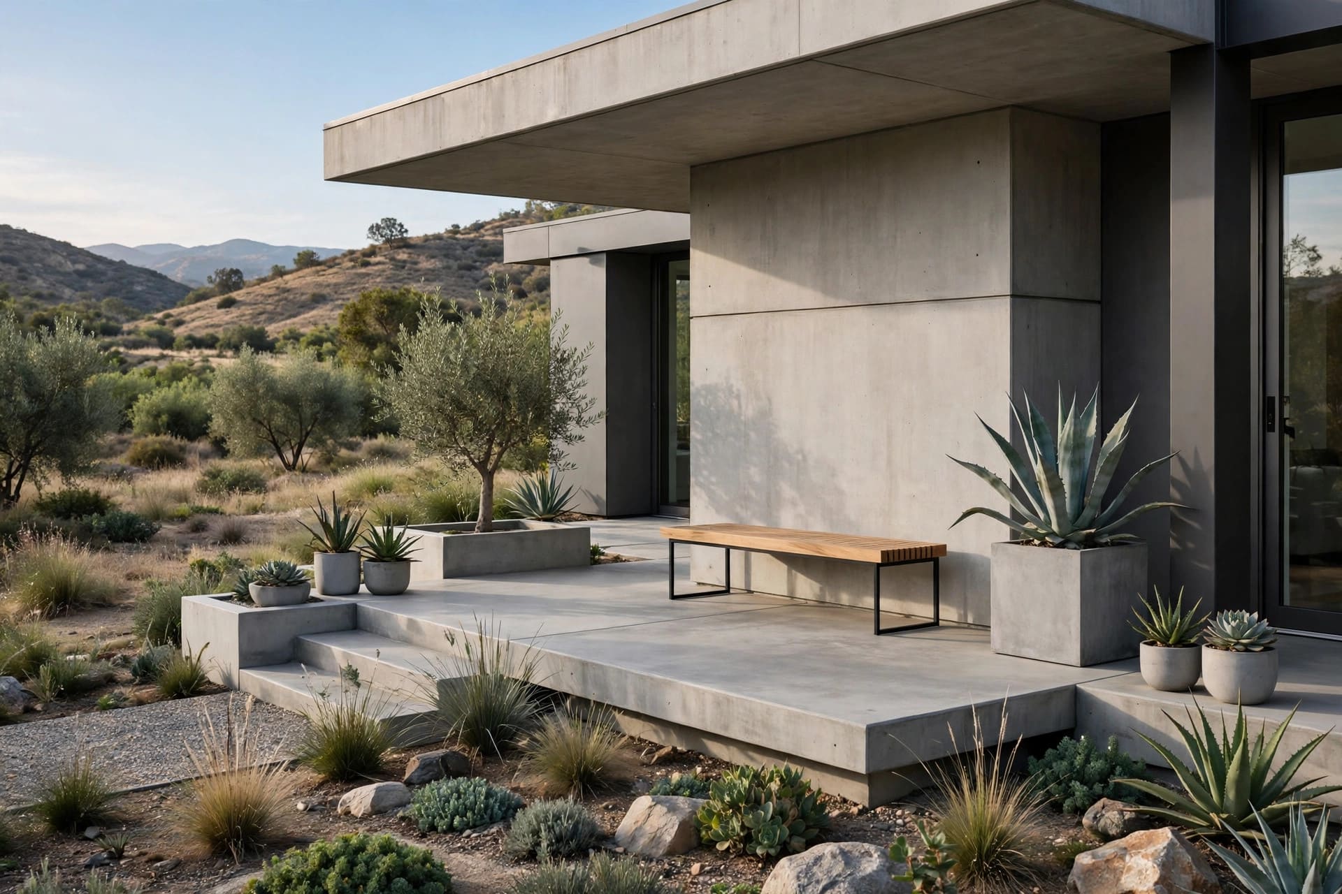 concrete front patio: bench seating with cushions facing the street