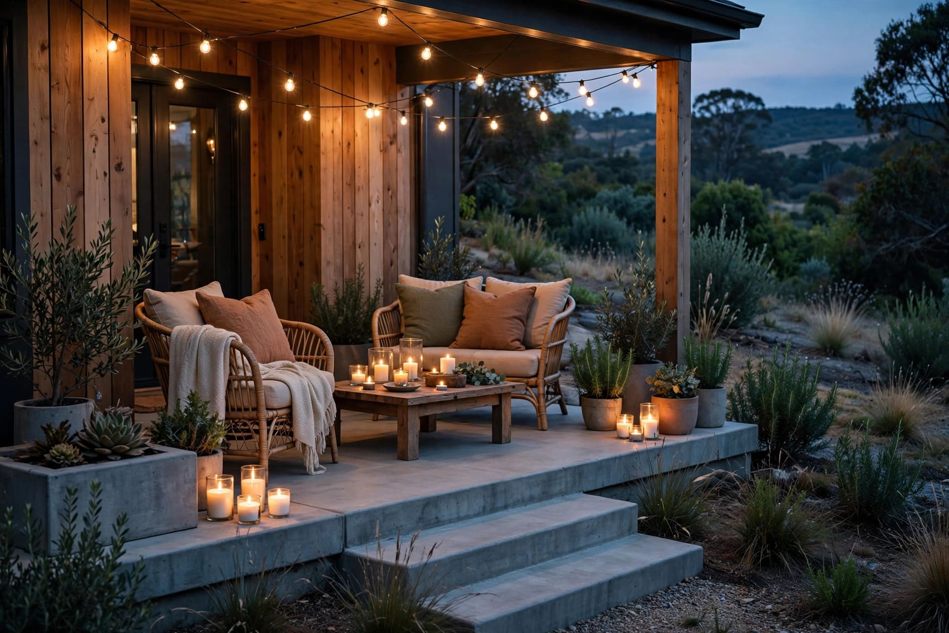 concrete front patio: evening glow from porch lights and candles