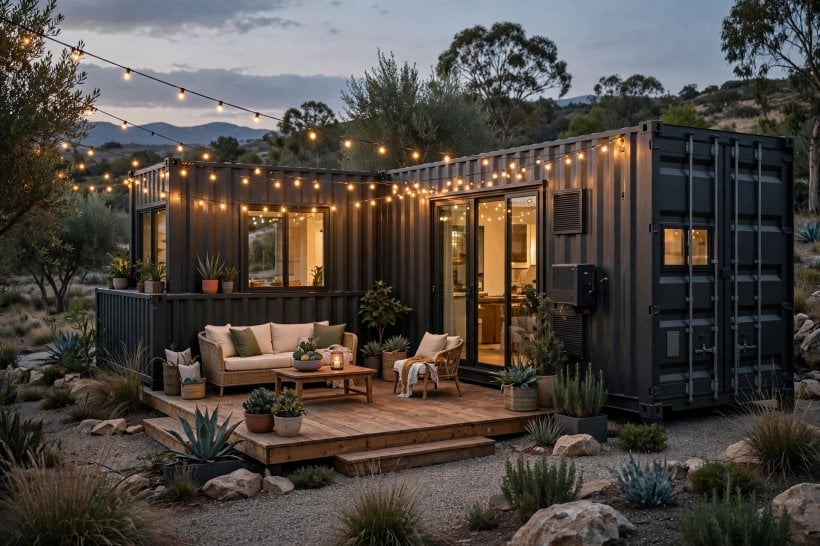 container homes designs and plans: large windows cut into a container wall