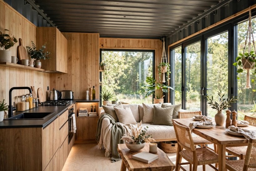 container homes designs and plans: compact kitchen inside a container home