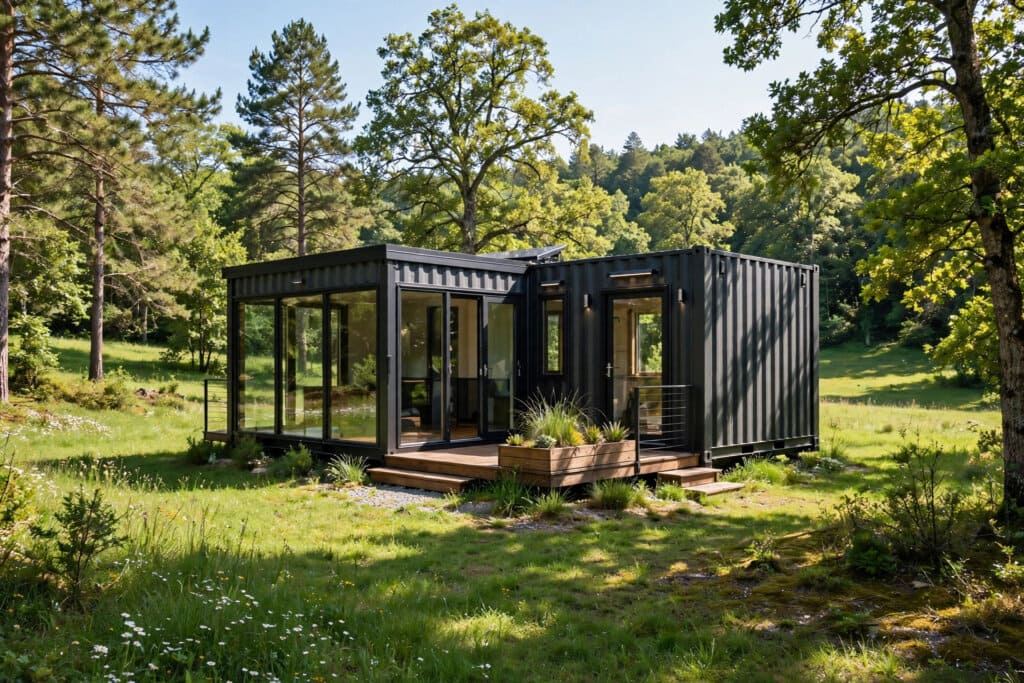 Container tiny homes for sale — featured image of a converted shipping container home with large cut-out windows