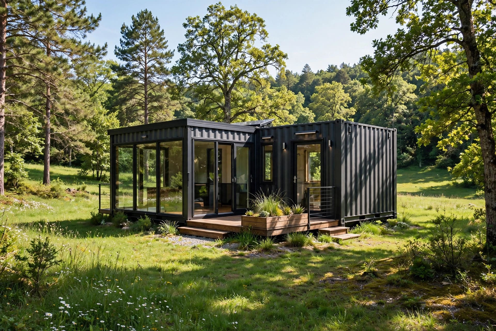 Container tiny homes for sale — featured image of a converted shipping container home with large cut-out windows