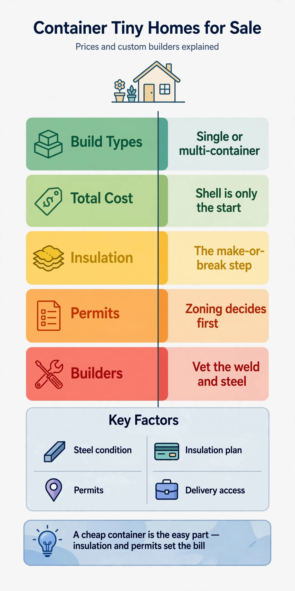 Container tiny homes for sale — infographic summary of single vs multi-container builds, insulation, permits and delivery
