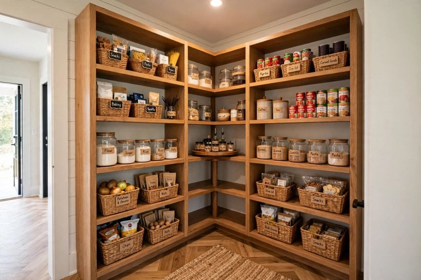 corner pantry: diagonal front softening a narrow kitchen walkway