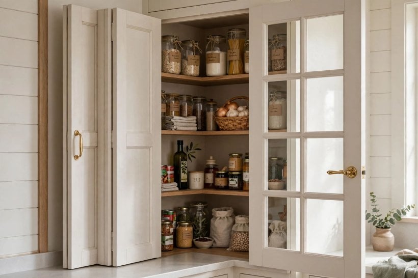 corner pantry: L-shaped shelves using both walls of the corner