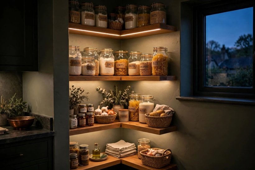 corner pantry: open wooden corner shelves with labelled glass jars and under-shelf lighting