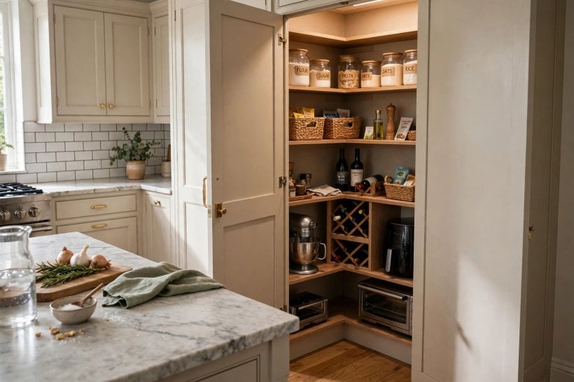 corner pantry: shelf lighting and finishing details