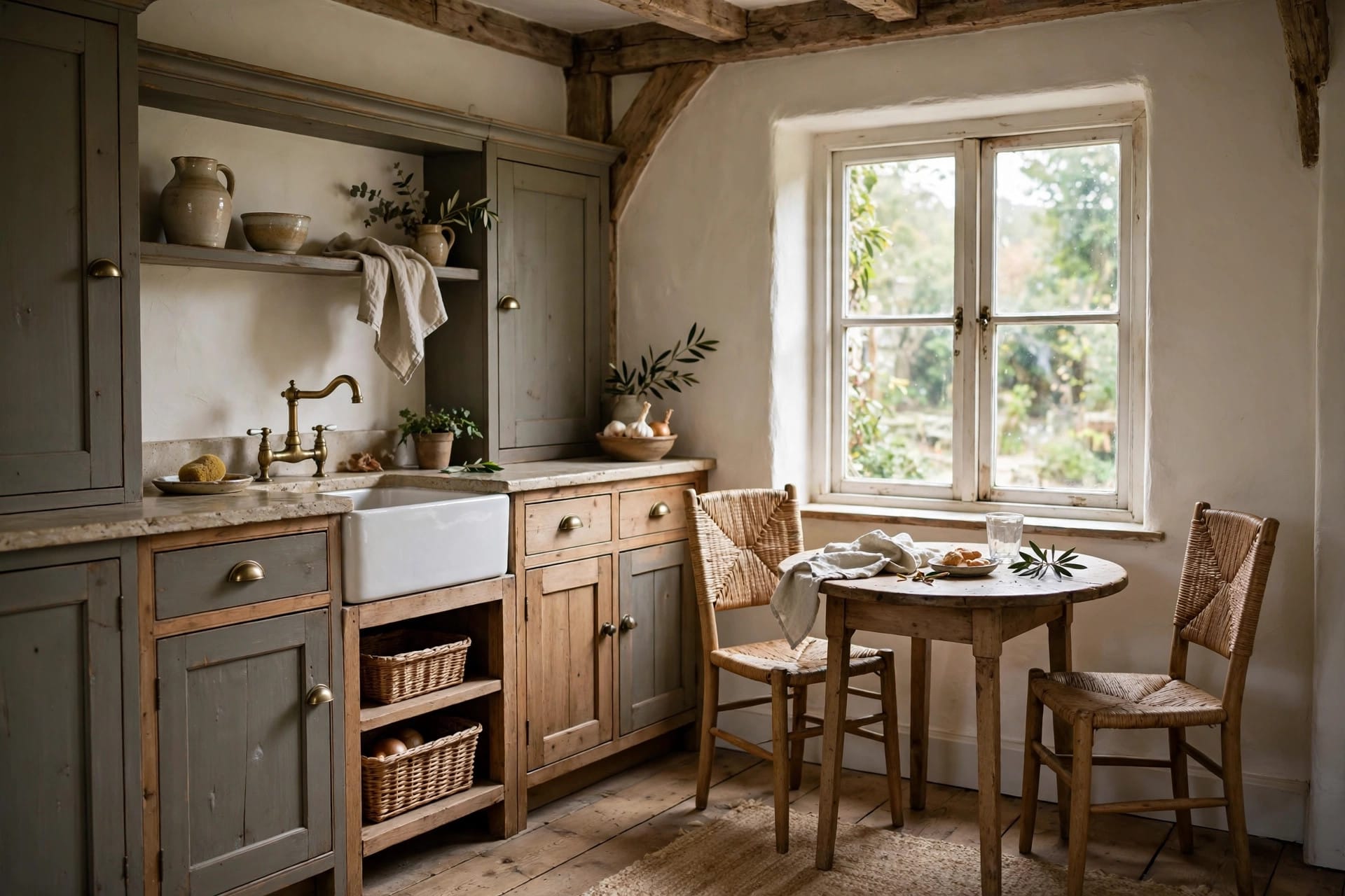 cottage kitchen: cream cabinets and a farmhouse sink under a window