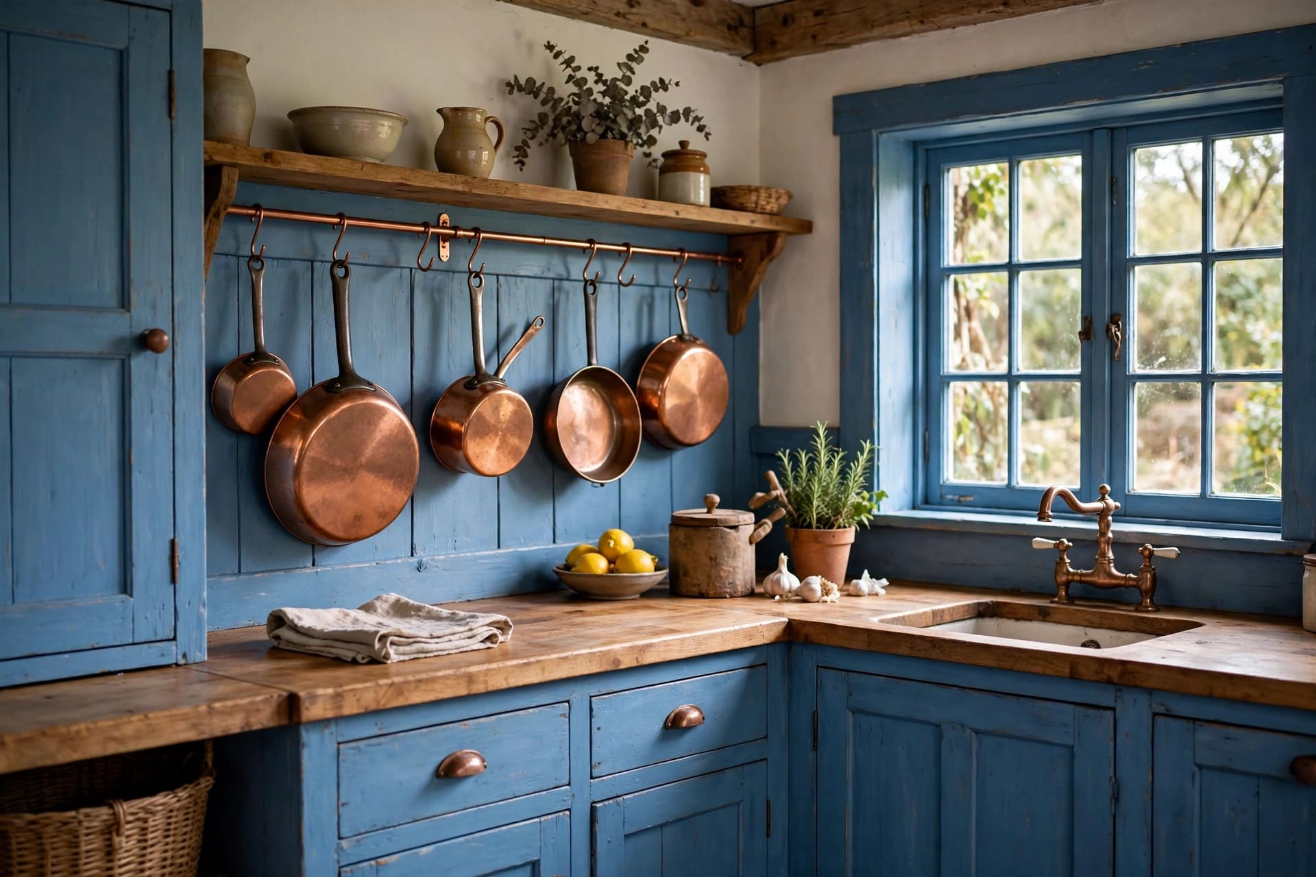 cottage kitchen: open shelves with stacked crockery and glass jars